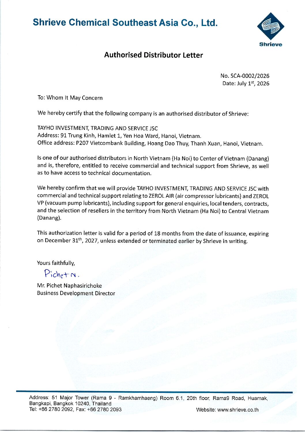 SCA-0002_2006 Authorized Distributor Letter – Tay Ho Star